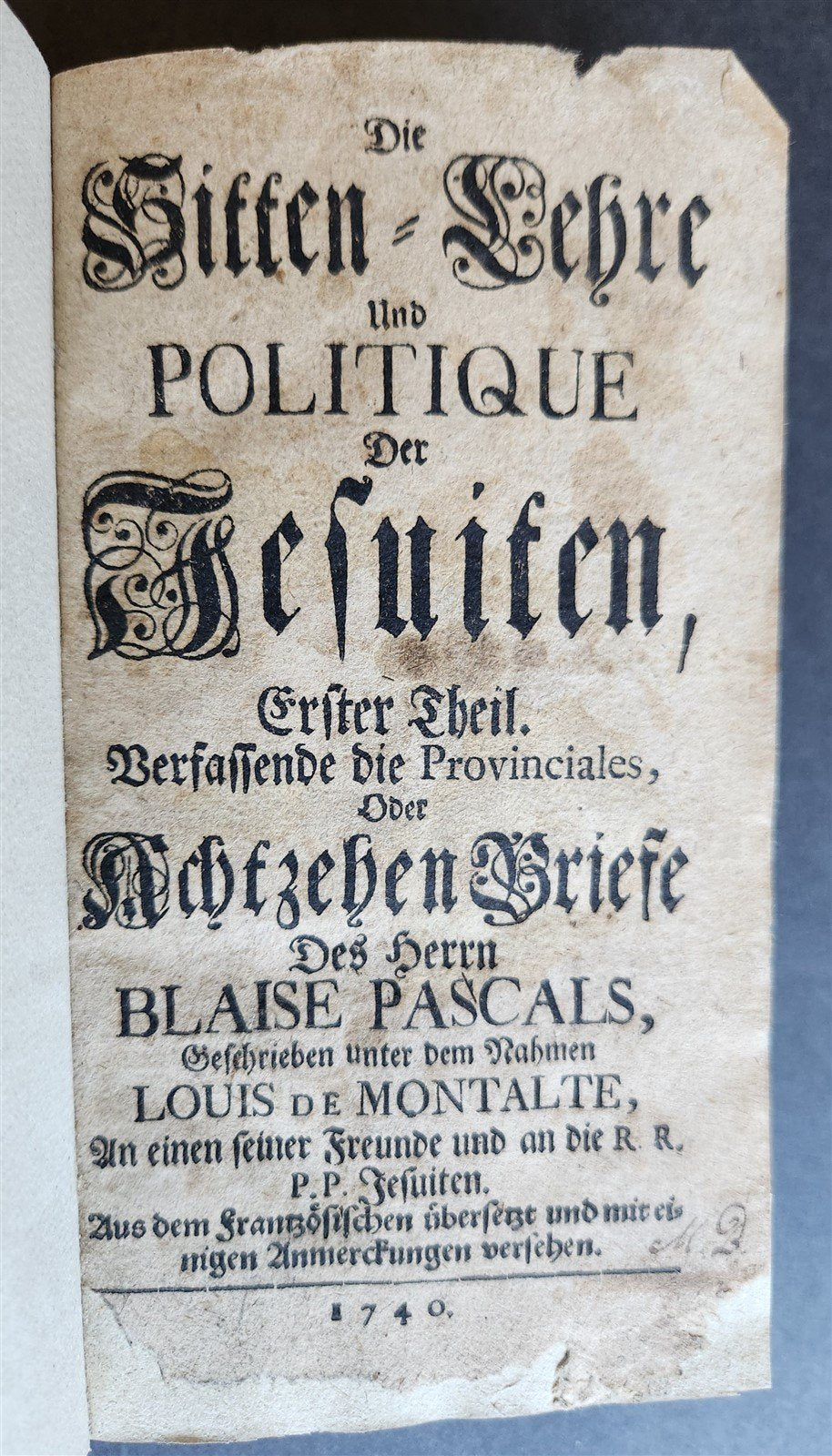 1740 BLAISE PASCAL LETTERS in GERMAN antique PIGSKIN BOUND w/ WITCHCRAFT THEME