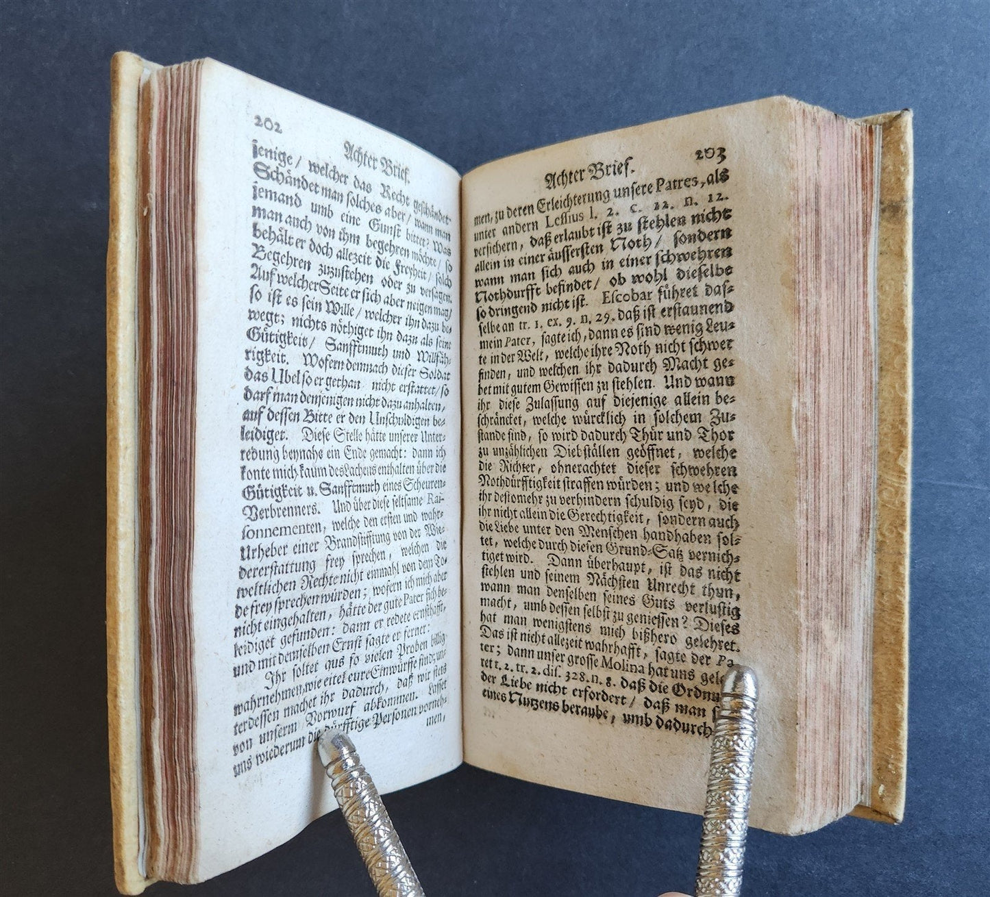 1740 BLAISE PASCAL LETTERS in GERMAN antique PIGSKIN BOUND w/ WITCHCRAFT THEME