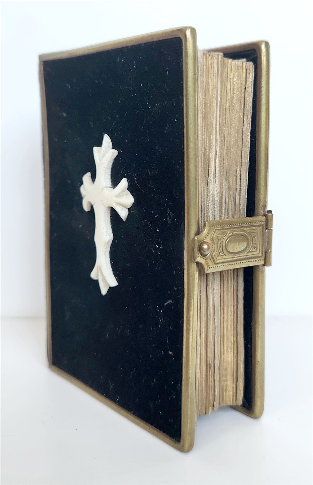 1891 SWEDISH HYMNAL antique VELVET BINDING w/ BONE CROSS & BRASS EDGES