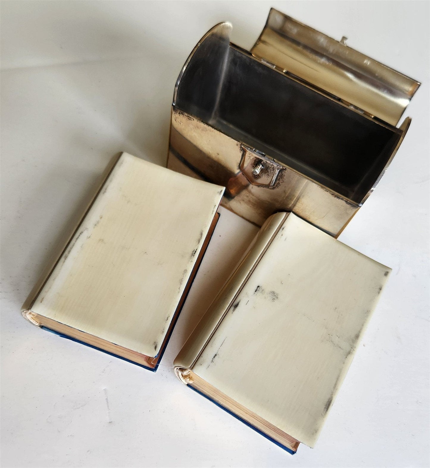 1880s PRAYER BOOKS & HYMNAL SET in ENGLISH w/ METAL CASE antique