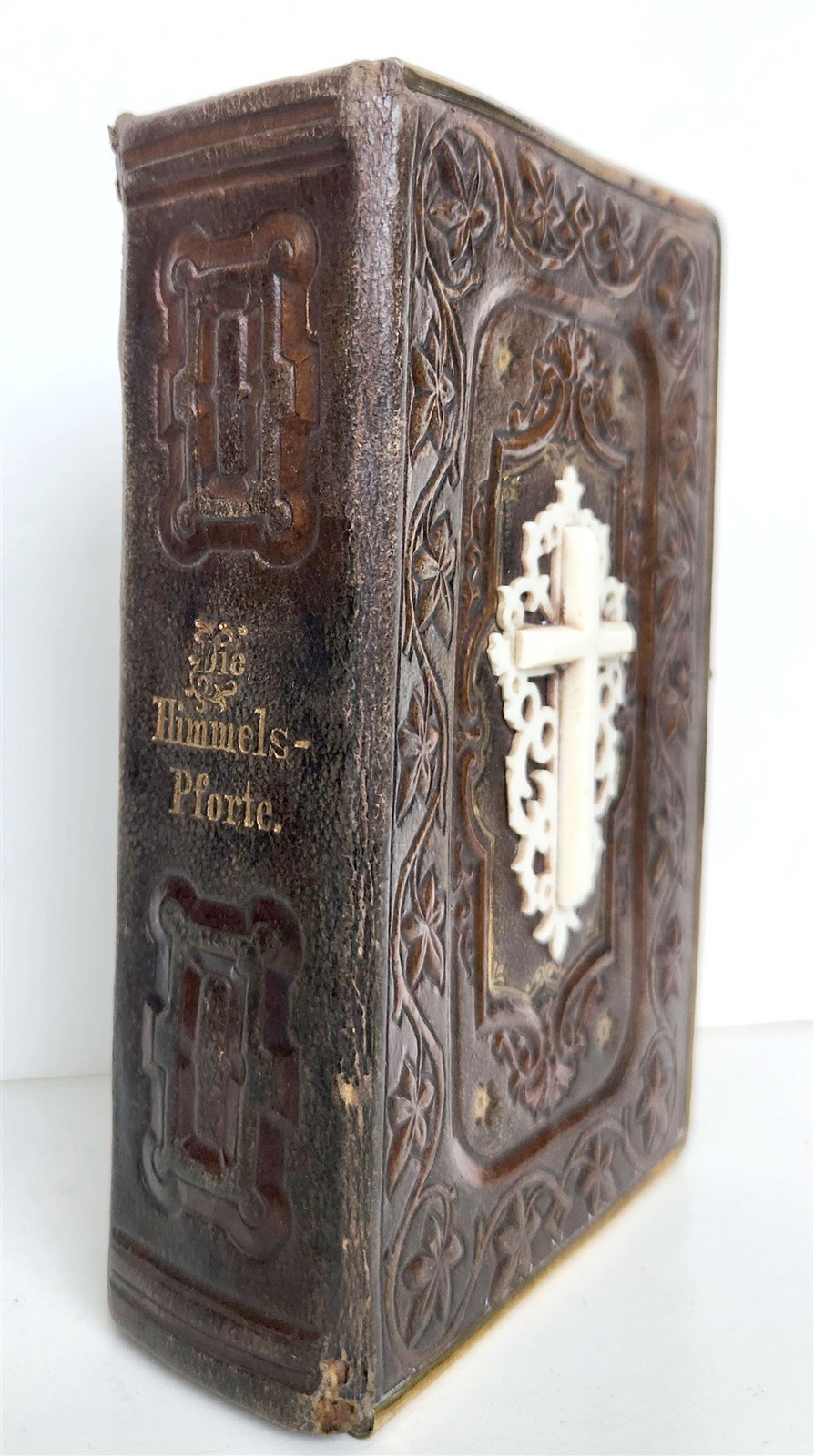 1870s PRAYER BOOK in GERMAN antique APPLIED BONE CROSS BINDING DIE HIMMELSPFORTE
