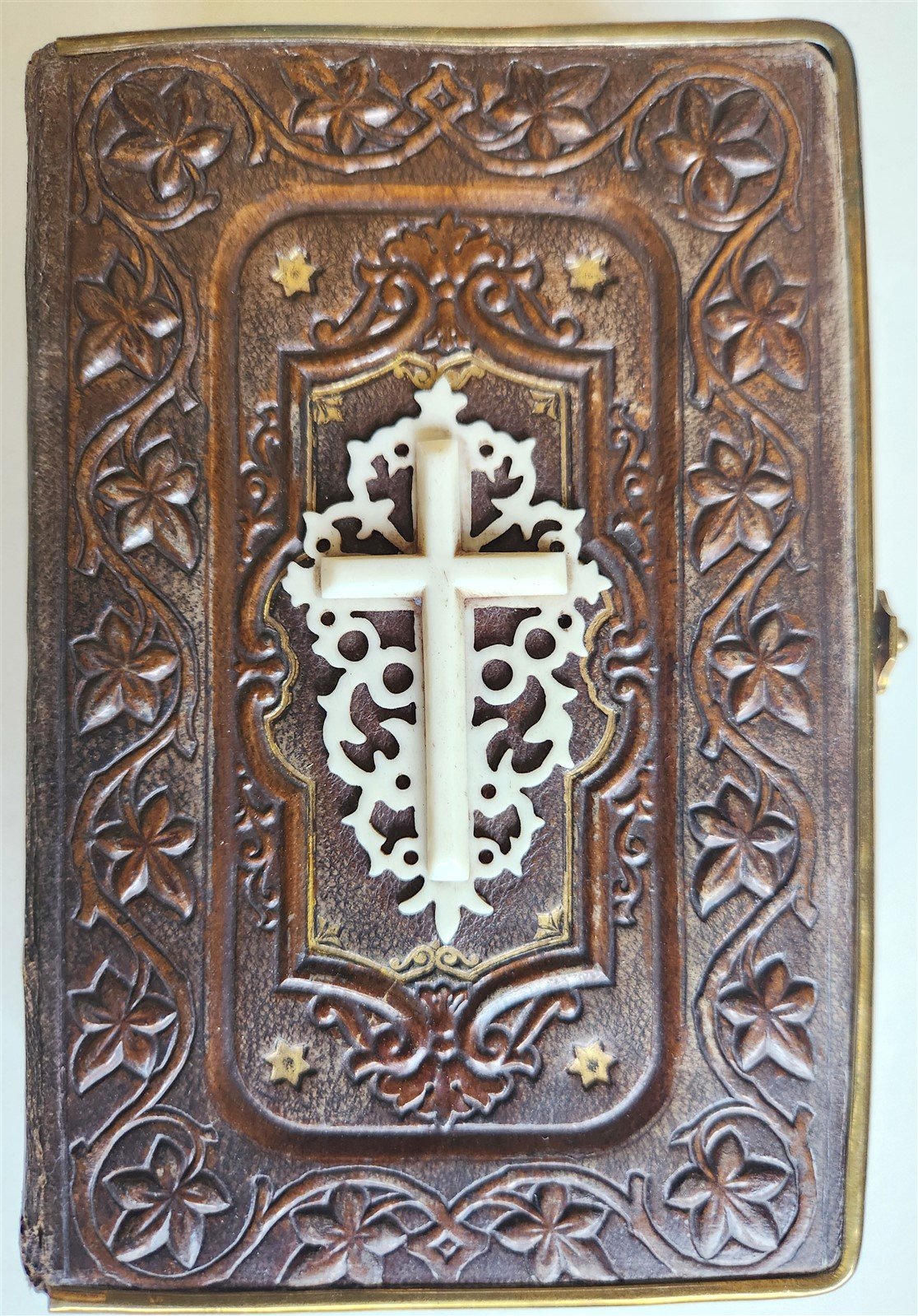 1870s PRAYER BOOK in GERMAN antique APPLIED BONE CROSS BINDING DIE HIMMELSPFORTE