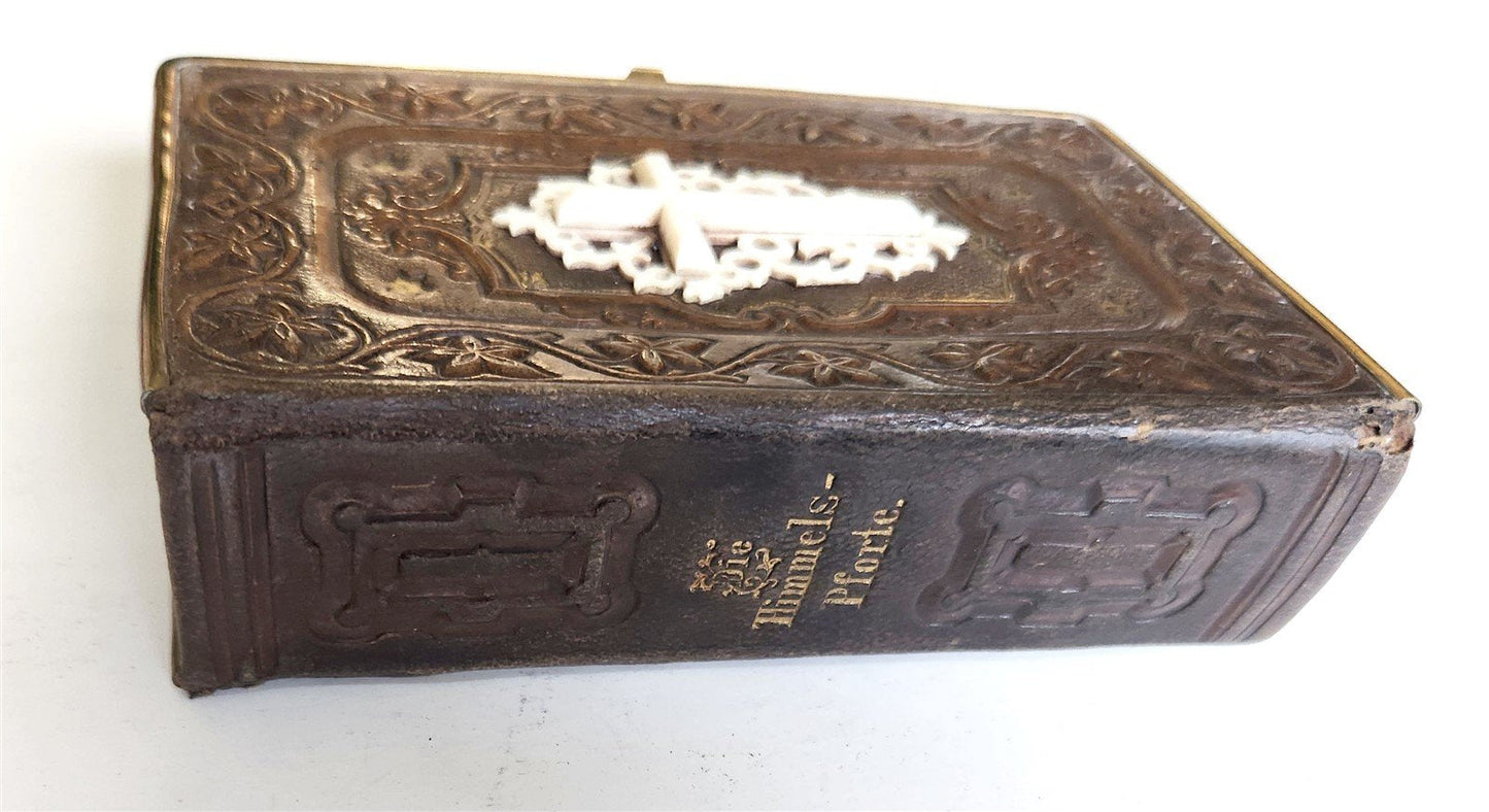1870s PRAYER BOOK in GERMAN antique APPLIED BONE CROSS BINDING DIE HIMMELSPFORTE