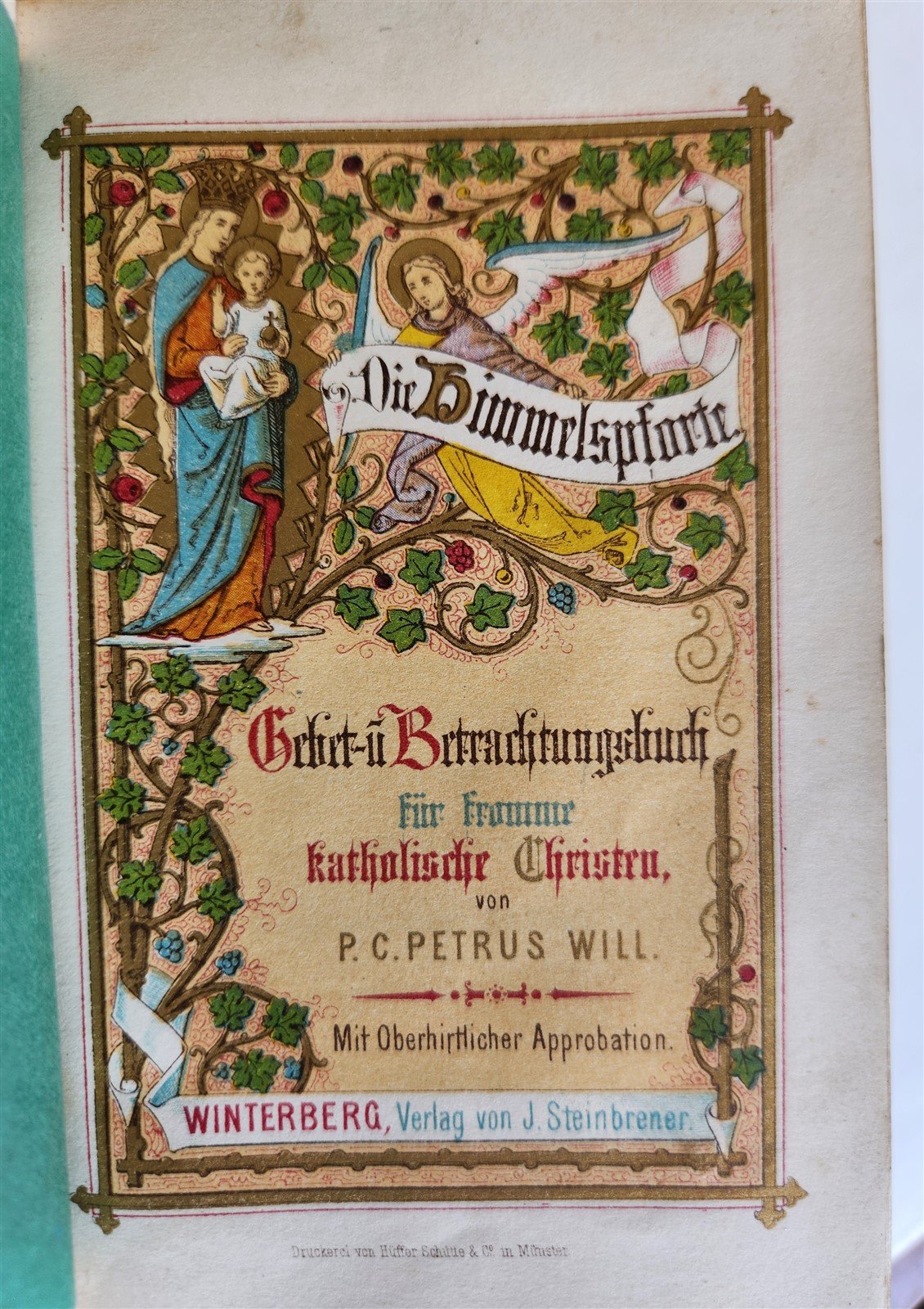 1870s PRAYER BOOK in GERMAN antique APPLIED BONE CROSS BINDING DIE HIMMELSPFORTE