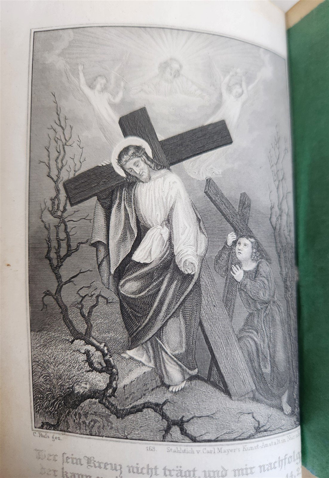 1870s PRAYER BOOK in GERMAN antique APPLIED BONE CROSS BINDING DIE HIMMELSPFORTE