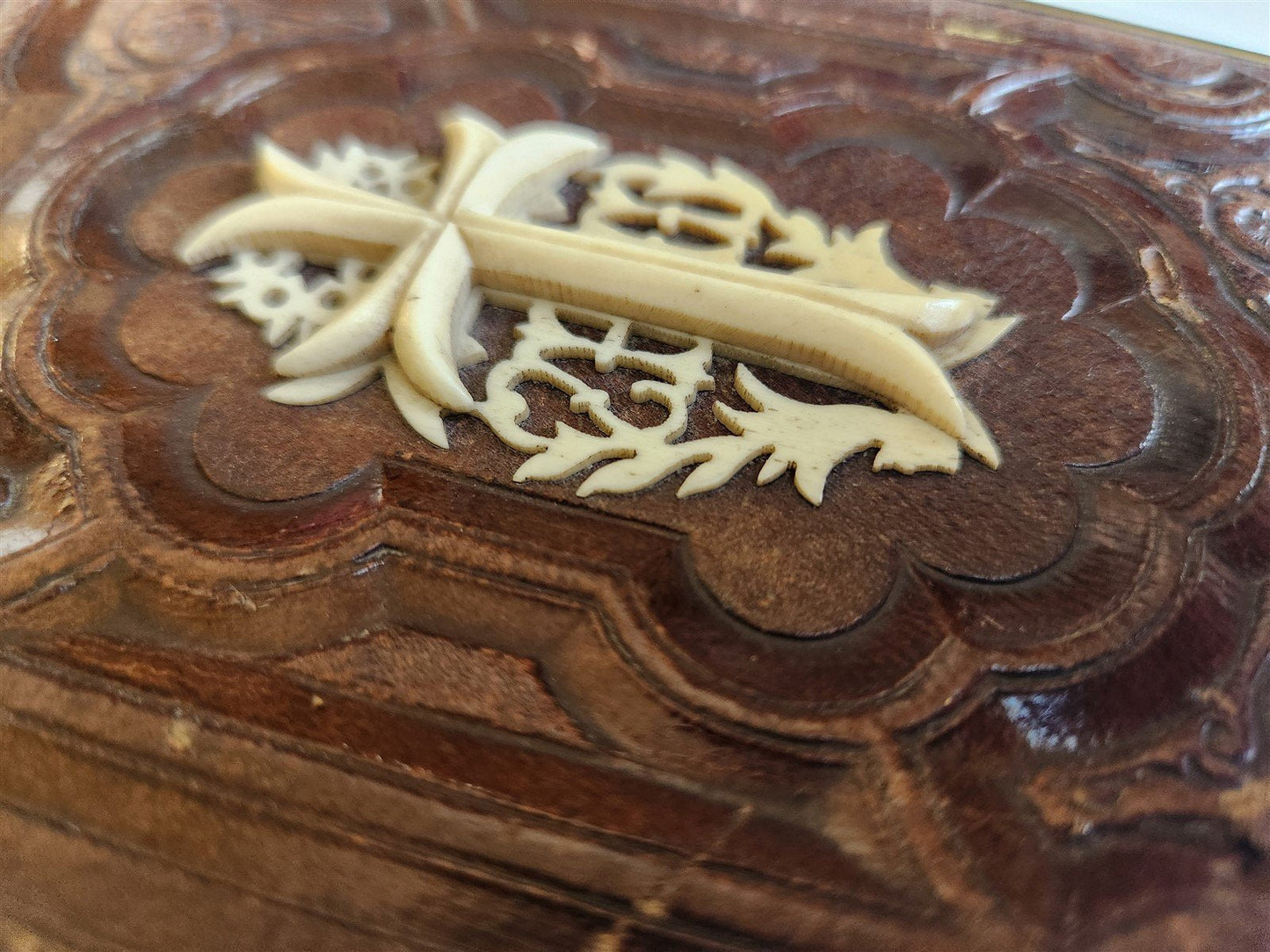 1870s PRAYER in GERMAN antique BINDING w/ APPLIED BONE CROSS