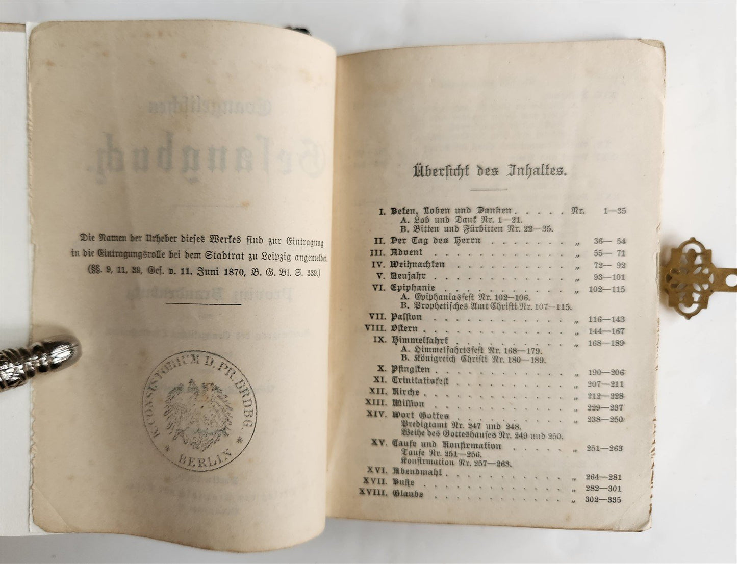 1905 HYMNAL in GERMAN antique DECORATIVE VELVET BINDING w/ METAL ORNAMENT