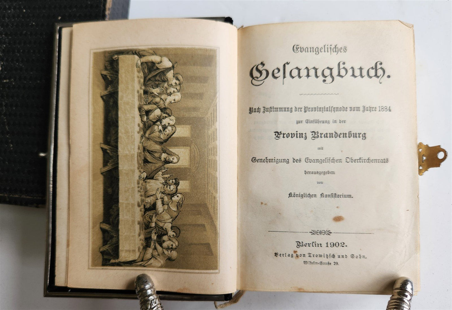 1902 HYMNAL in GERMAN antique DECORATIVE VELVET BINDING w/ METAL EDGES