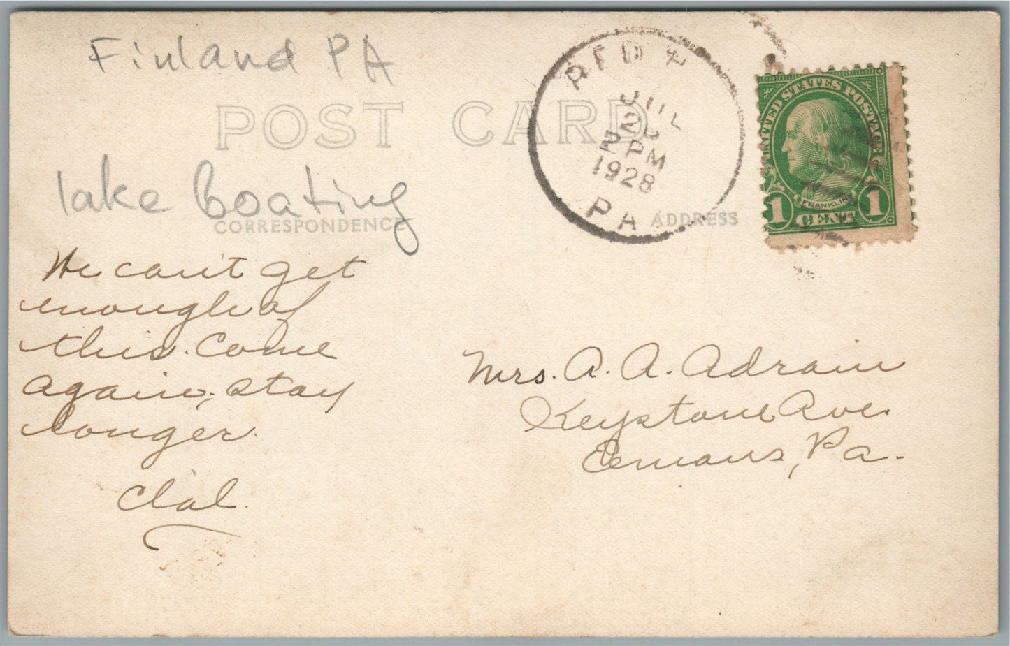 FERN BROOK PA BOATING ANTIQUE REAL PHOTO POSTCARD RPPC