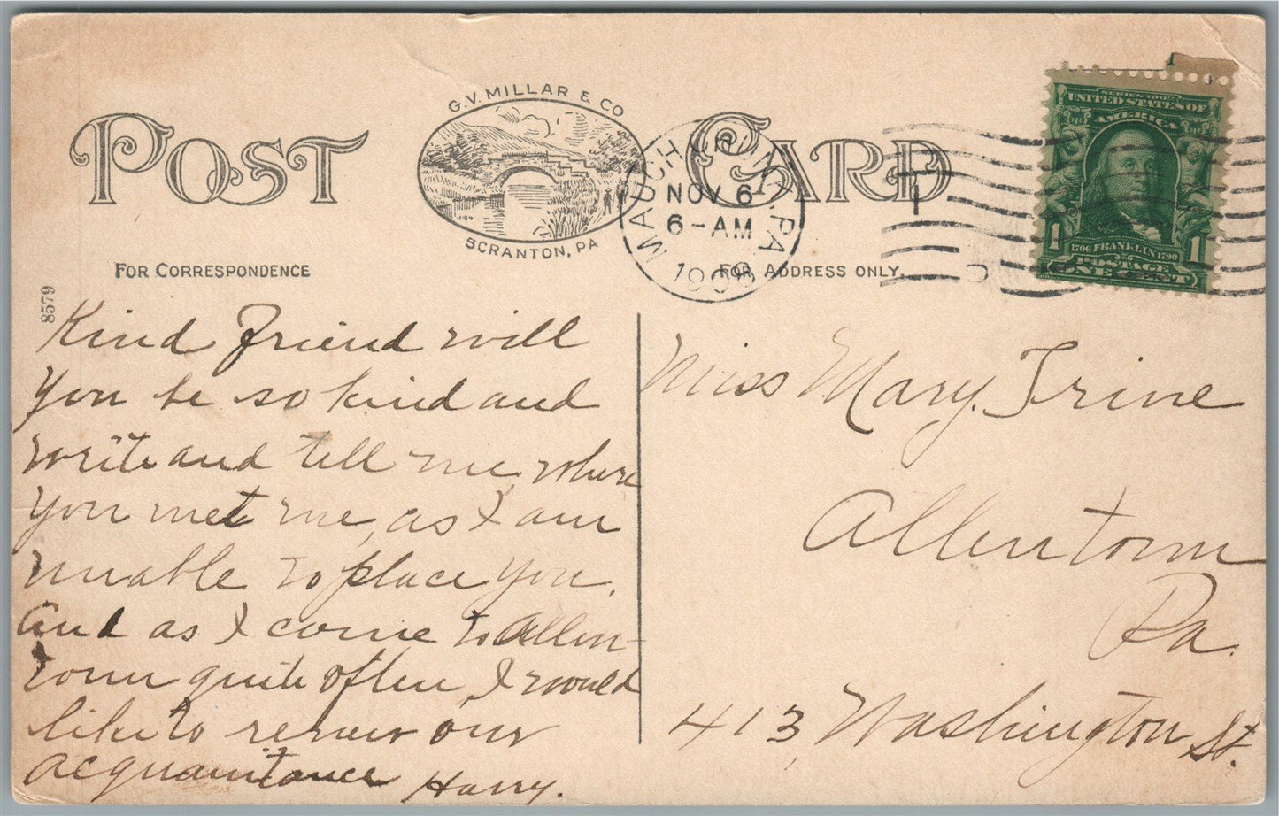 MAUCH CHUNK PA PHILADELPHIA BROADWAY ANTIQUE POSTCARD