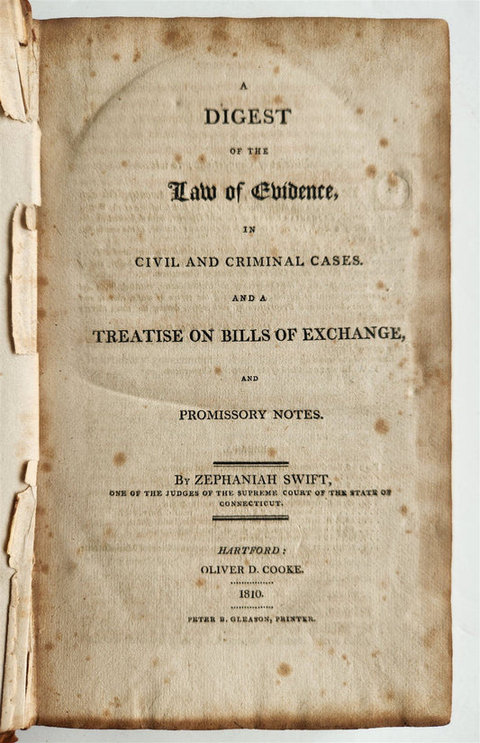 1810 DIGEST OF THE LAW OF EVIDENCE by Zephaniah Swift antique AMERICANA