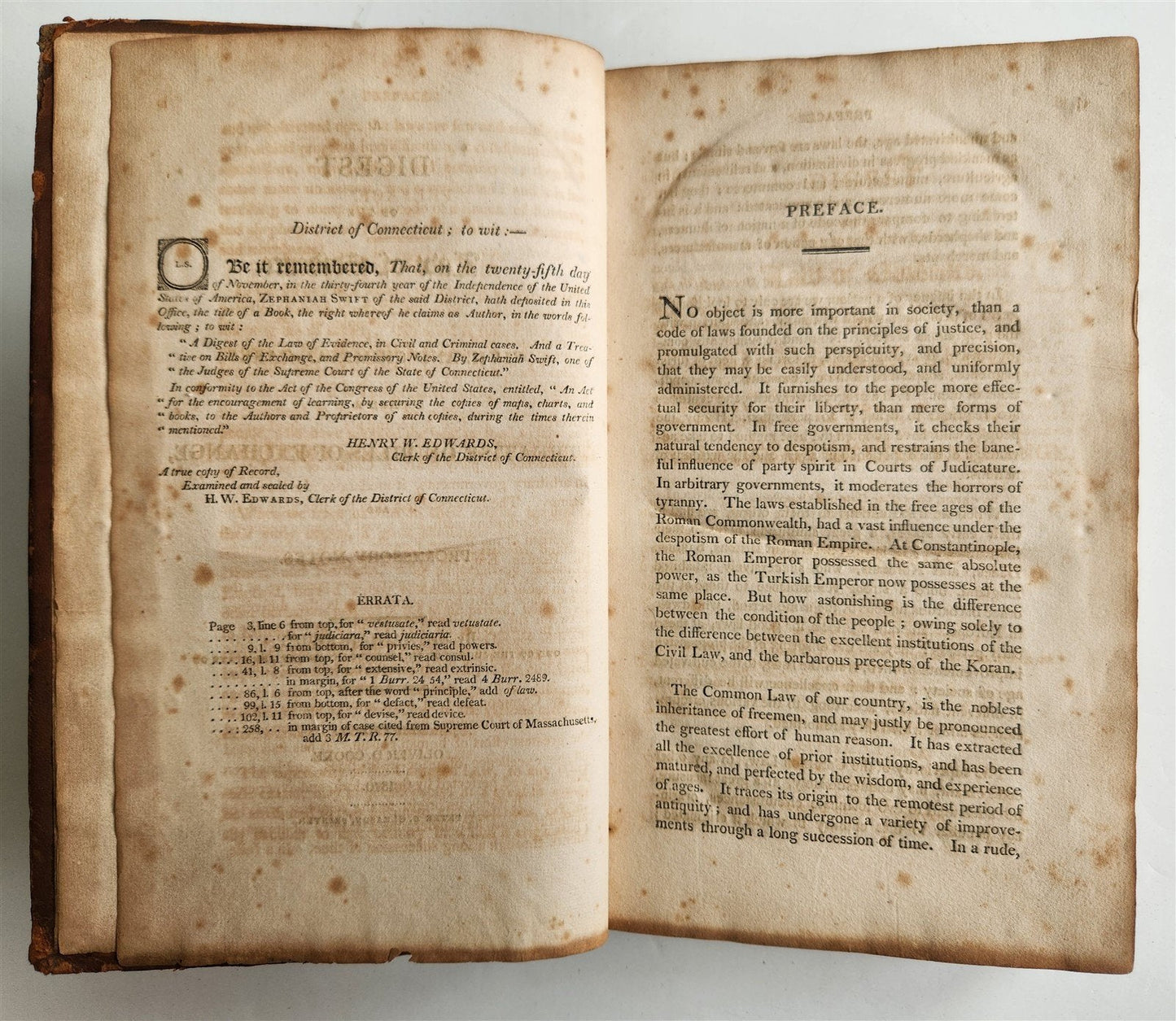 1810 DIGEST OF THE LAW OF EVIDENCE by Zephaniah Swift antique AMERICANA