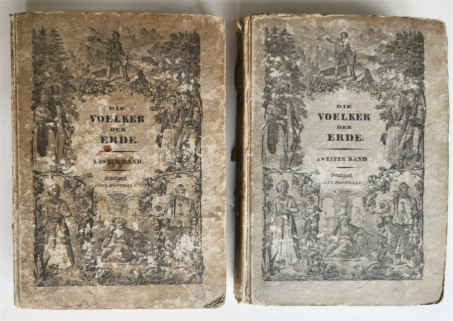 1840 PEOPLES of EARTH LIFE CUSTOMS HABITS in GERMAN antique 2 VOLS illustrated