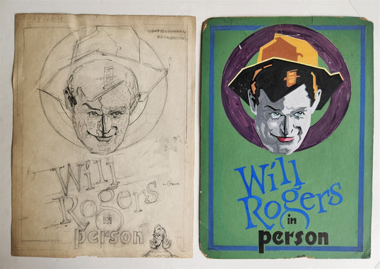 1945-1949 VINTAGE ORIGINAL ART WORK - WILL ROGERS vaudeville performer 2 pcs