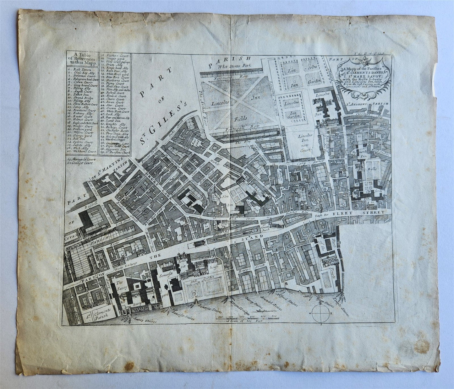 1720 MAP of LONDON antique MAPP OF PARISHES of ST.CLEMENTS DANES ST.MARY SAVOY