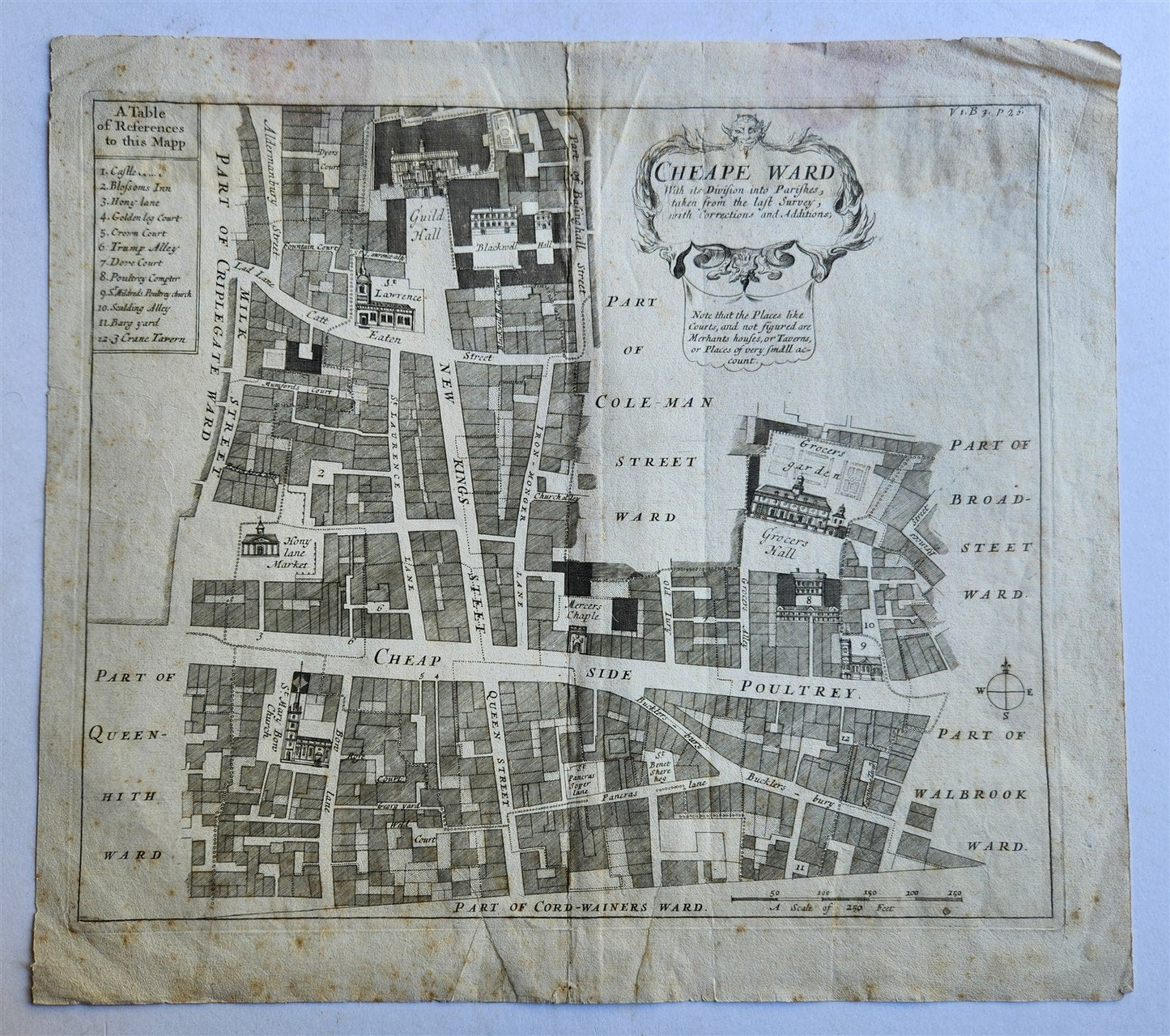 1720 Cheape Ward With its Division into Parishes ANTIQUE engraving LONDON MAP
