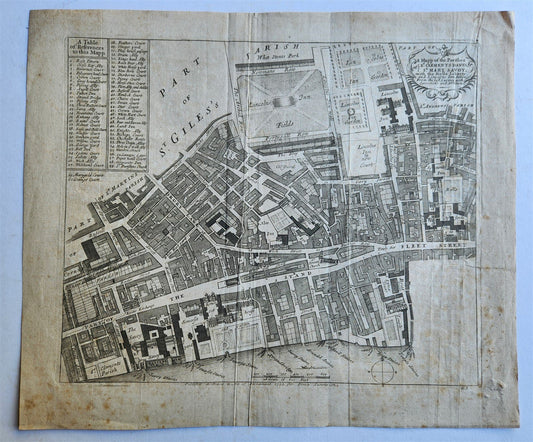 1720s MAP of LONDON antique MAPP OF PARISHES of ST.CLEMENTS DANES ST.MARY SAVOY