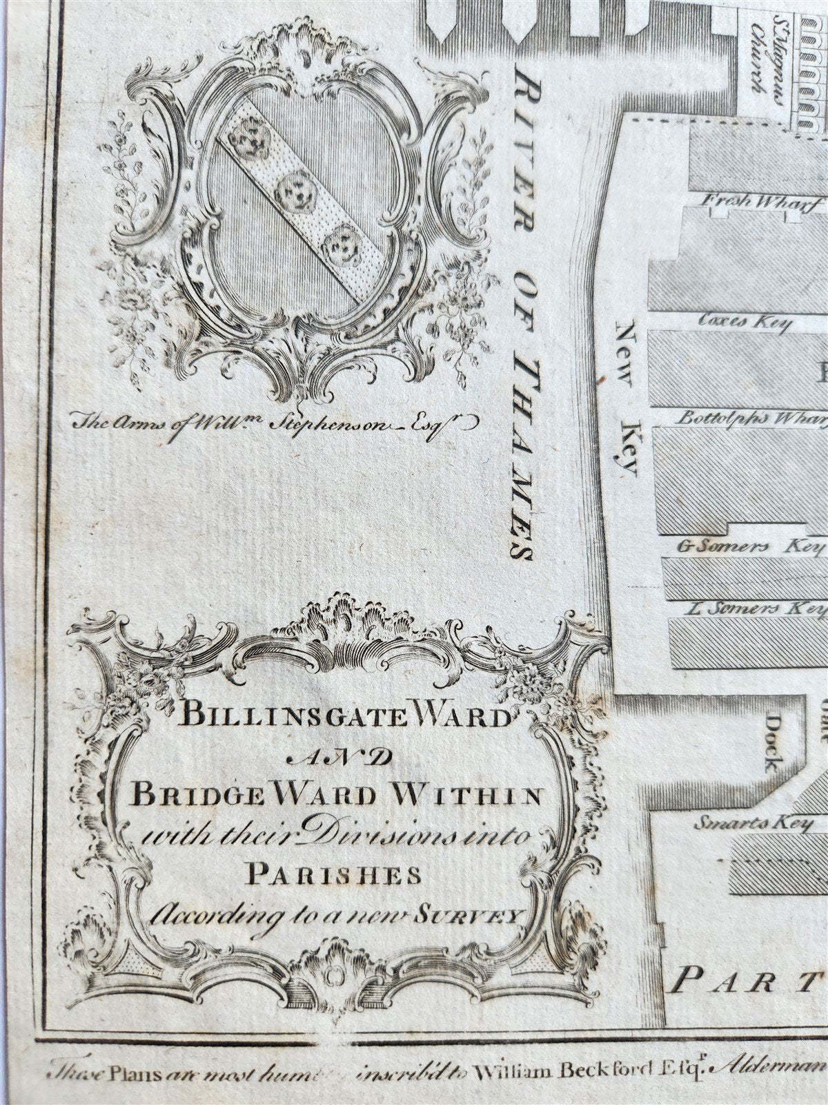 1754 MAP of LONDON antique BILLINGSGATE WARD and BRIDGE WARD WITHIN PARISHES