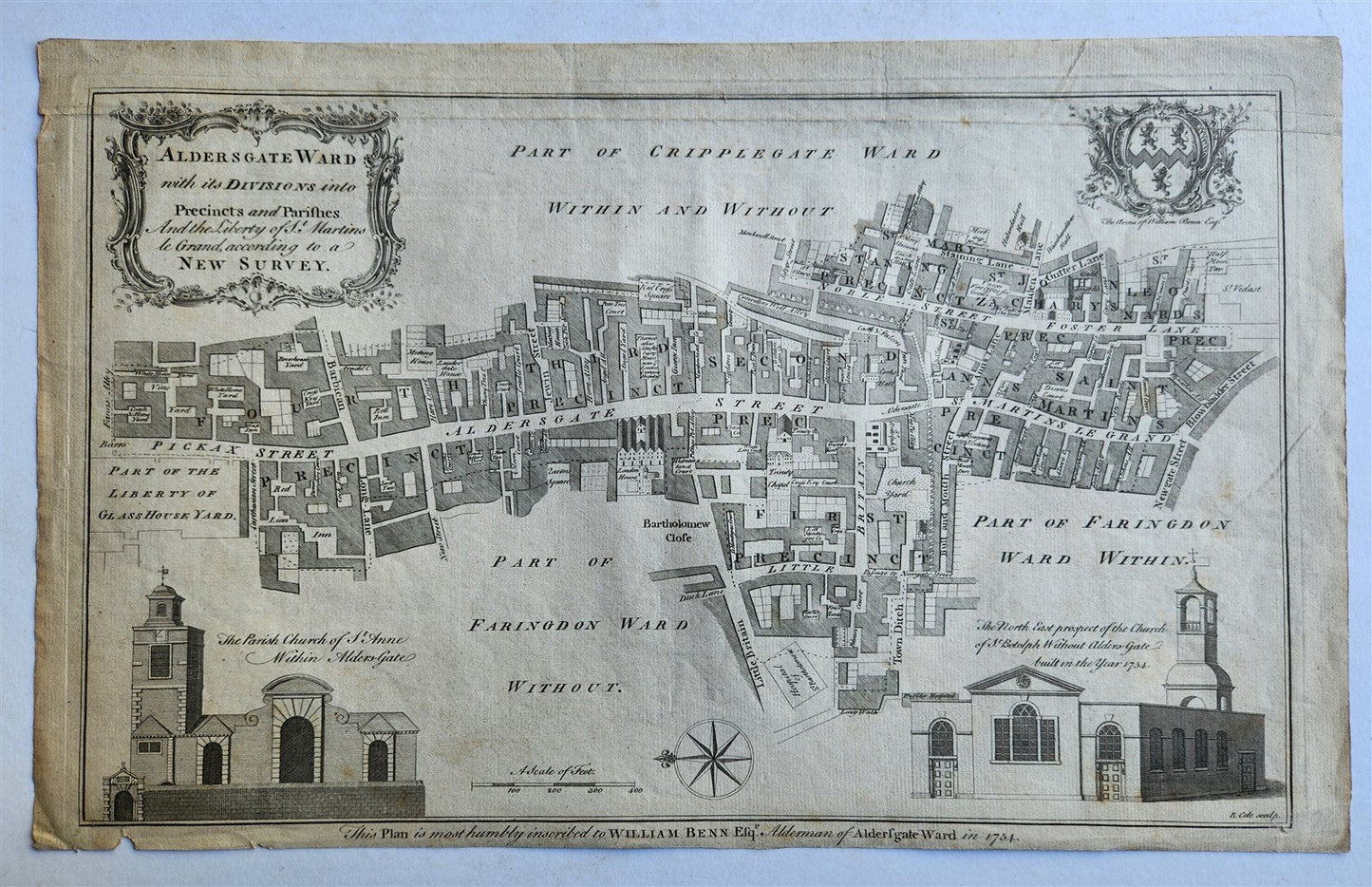 1754 MAP of LONDON antique ALDERSGATE WARD