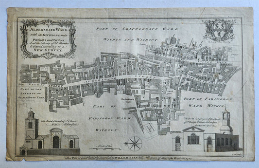 1754 MAP of LONDON antique ALDERSGATE WARD