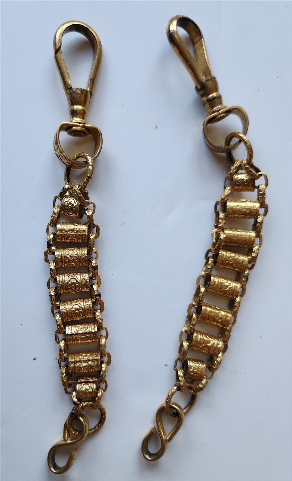 1900s ANTIQUE MASONIC UNIFORM BELT WORD HANGERS PAIR of GILT SBRASS CHAINS 5"