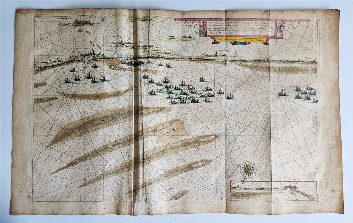 1640 SEA CHART of DUNKIRK COAST FRANCE antique MAP 20 by 31 inches by W.Blaeu