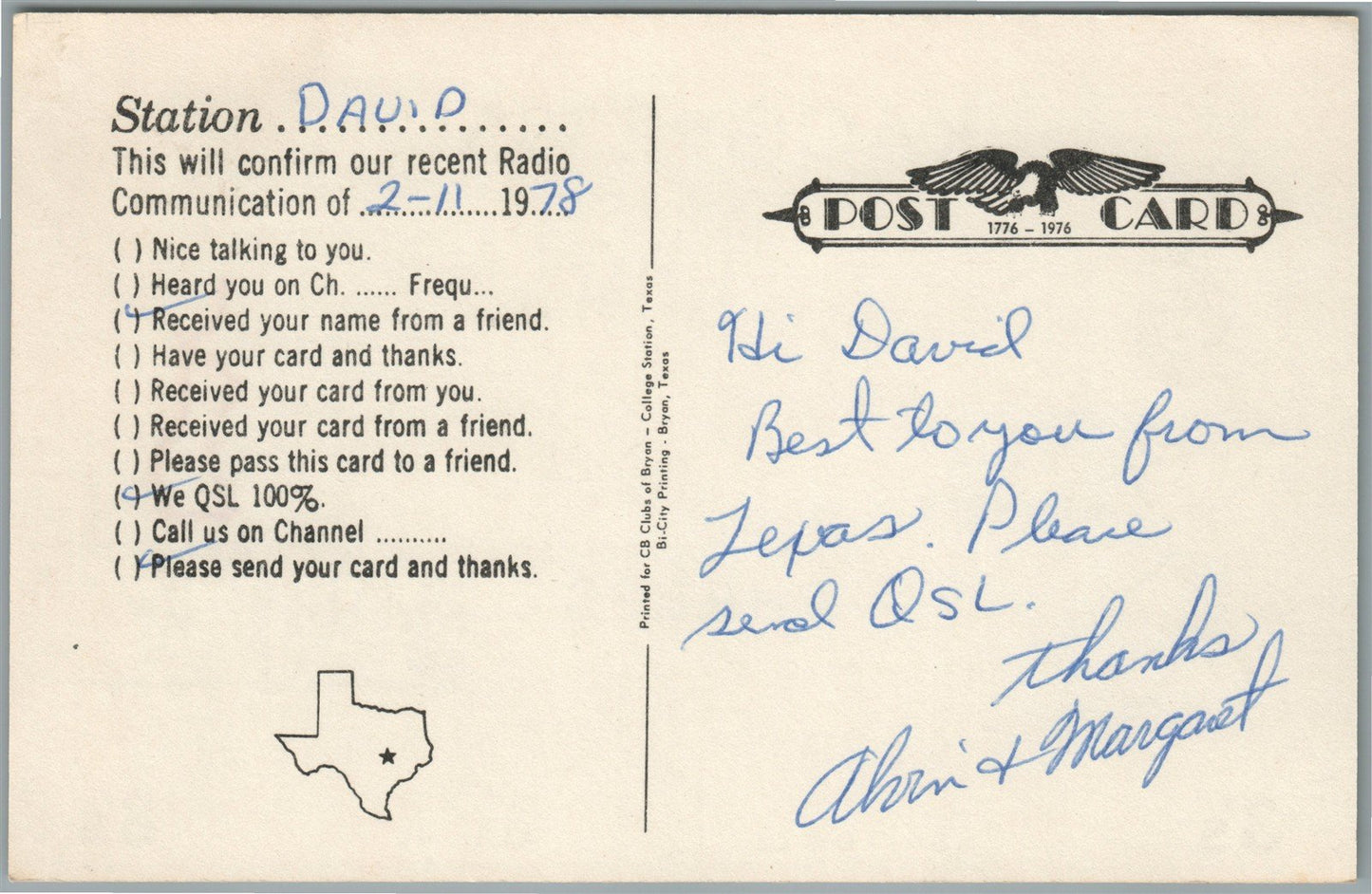 BRYAN TX RADIO CARD w/ MOTORCYCLE 1978 VINTAGE POSTCARD