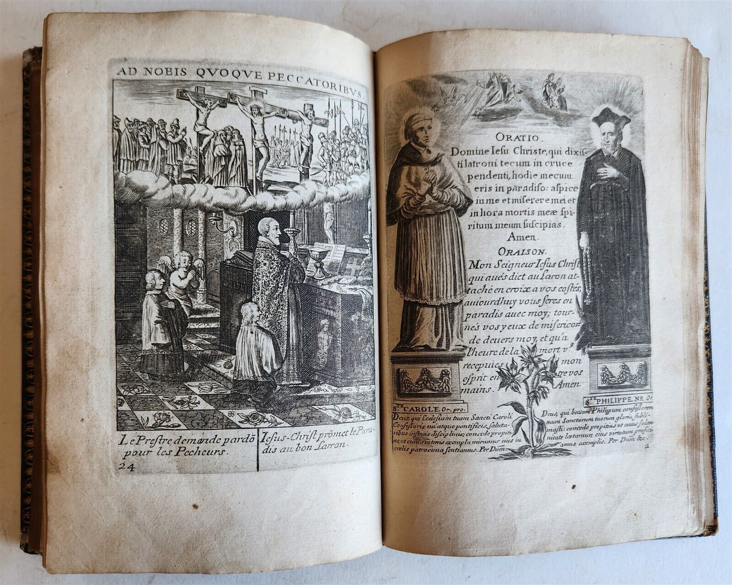 1651 PRAYER BOOK in FRENCH & LATIN BEAUTIFULLY ILLUSTRATED antique FINE BINDING