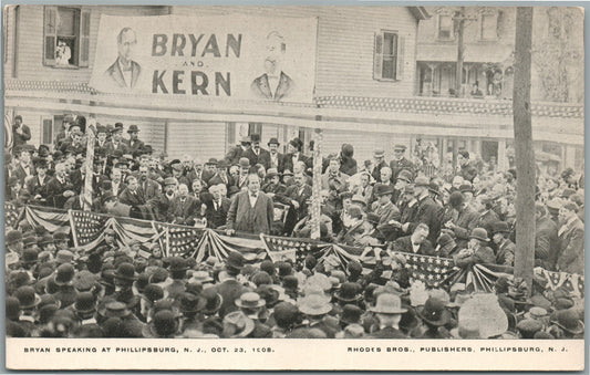 PHILLIPSBURG NJ BRYAN SPEAKING 1908 ELECTION ANTIQUE POSTCARD
