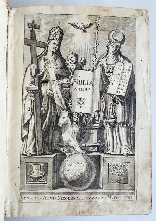 1721 BIBLE in LATIN FULLY ILLUSTRATED antique vellum bound