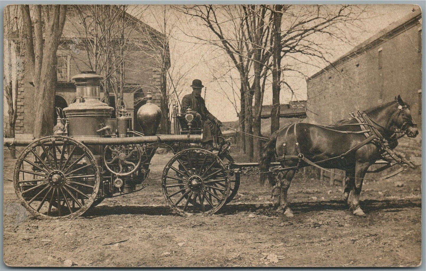 HORSE DRAWN FIRE ENGINE ANTIQUE REAL PHOTO POSTCARD RPPC