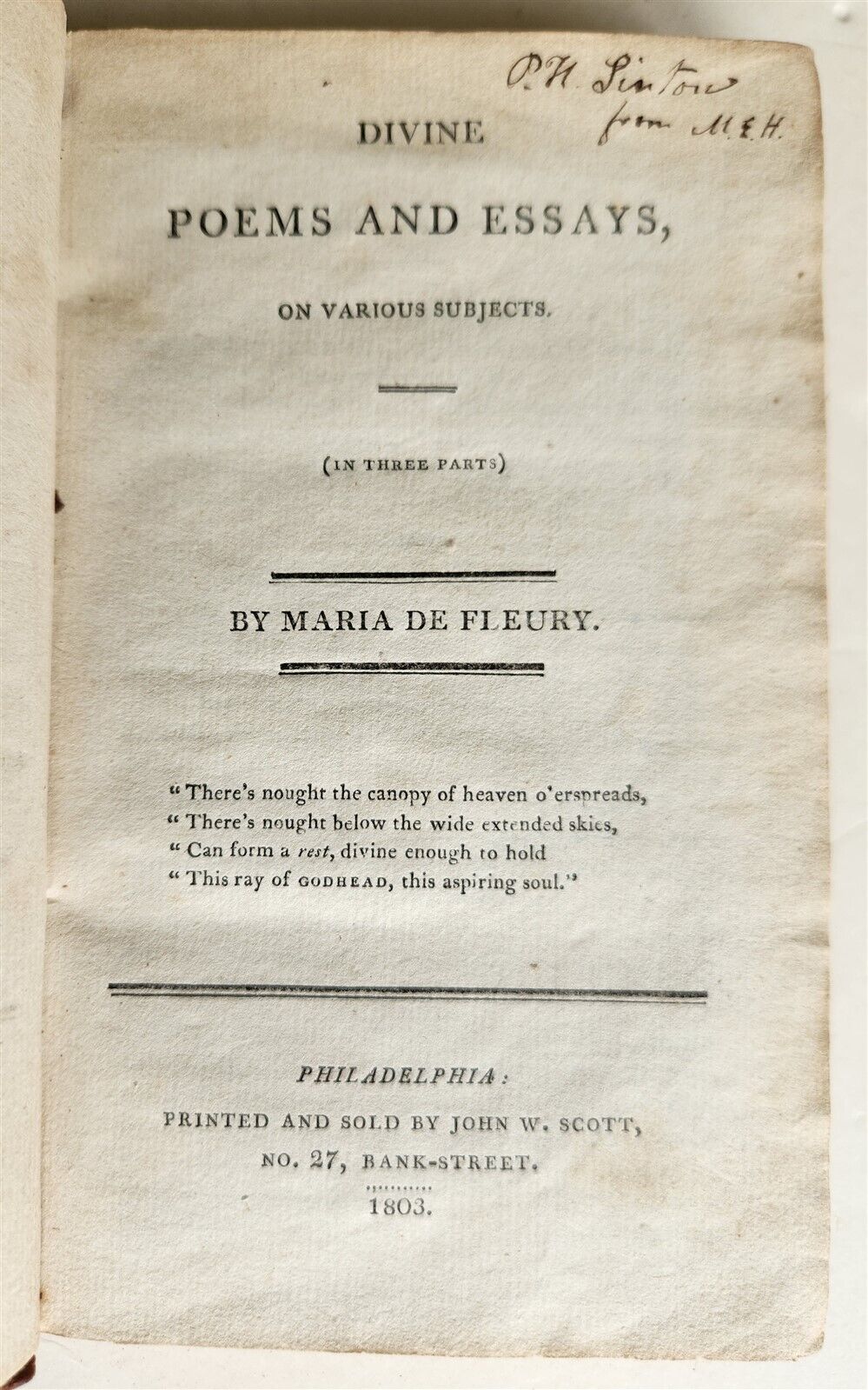 1803 DIVINE POEMS & ESSAYS by MARIA DE FLEURY antique AMERICANA female author