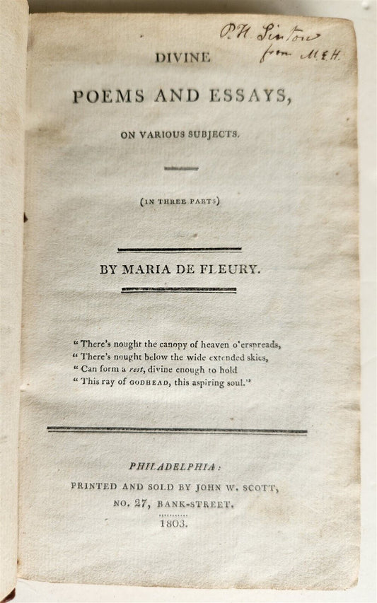1803 DIVINE POEMS & ESSAYS by MARIA DE FLEURY antique AMERICANA female author