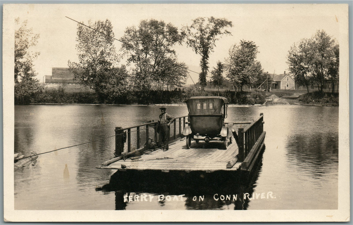 FERRY BOAT ON CONNECTICUT RIVER w/ OLD CAR ANTIQUE REA,L PHOTO POSTCARD RPPC