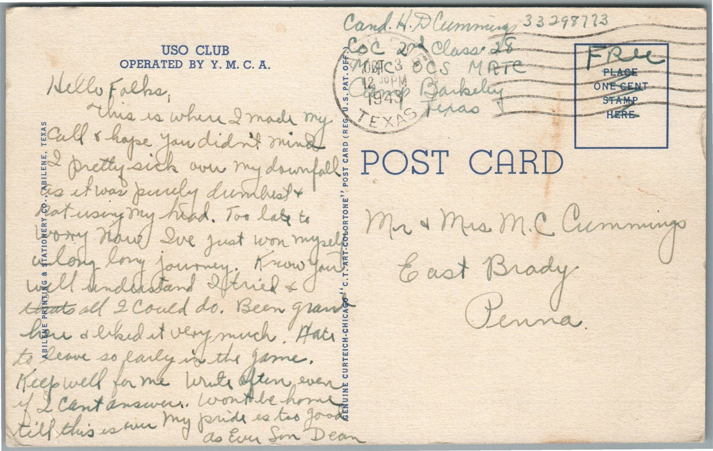 ABILENE TX USO CLUB VINTAGE POSTCARD