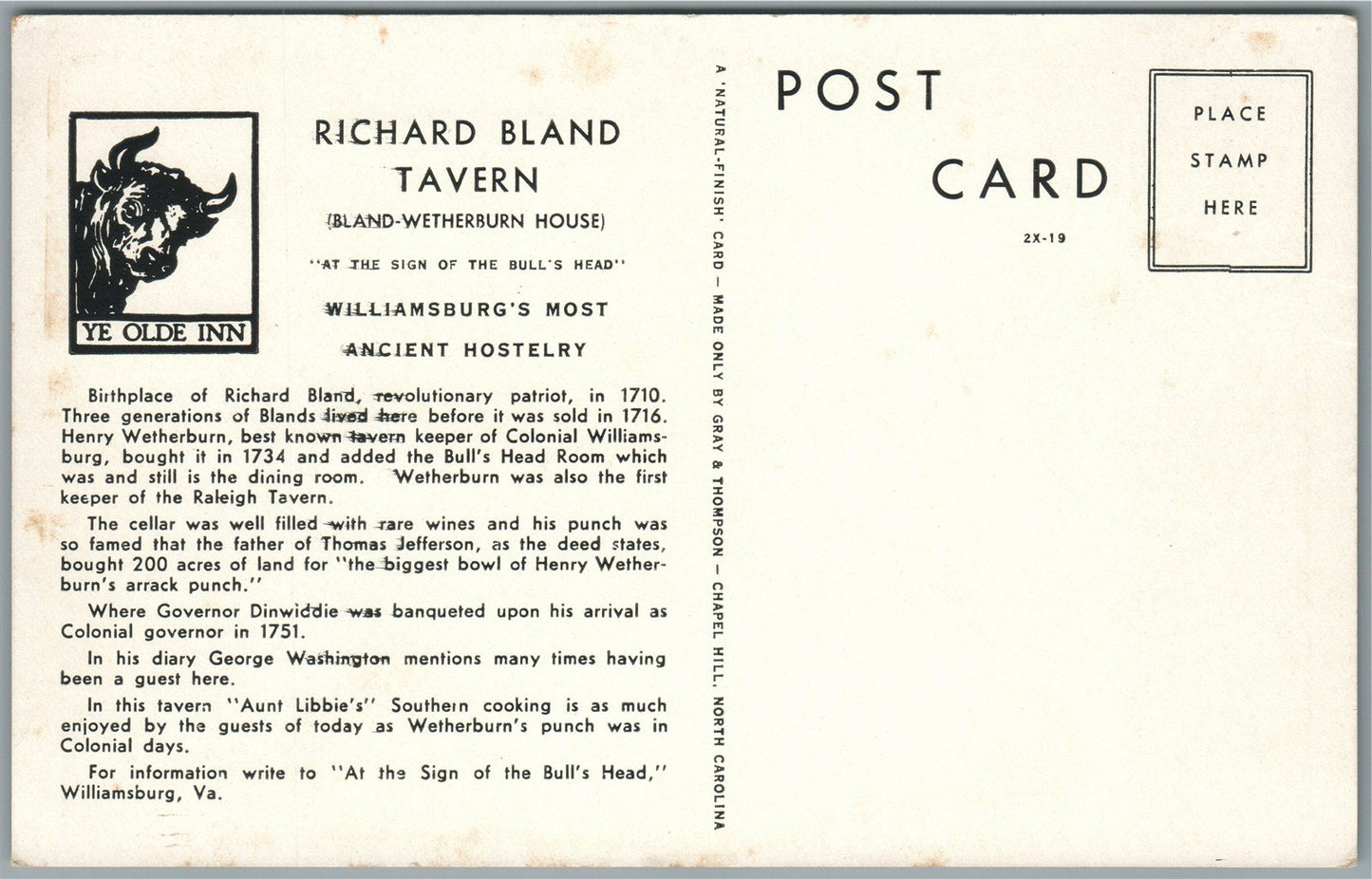 WILLIAMSBURG VA RICHARD BLAND TAVERN ANTIQUE POSTCARD