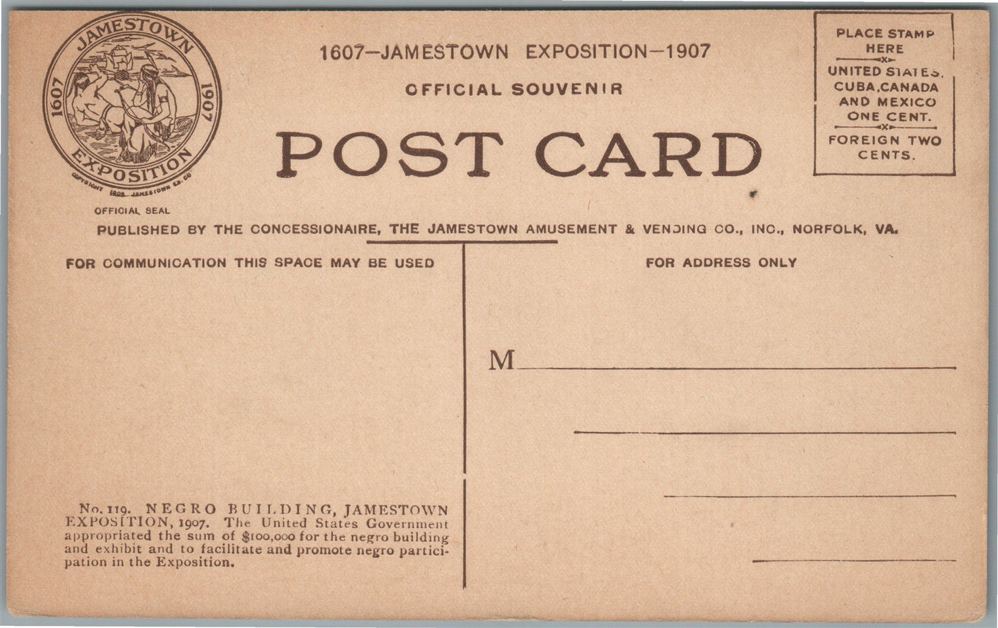 JAMESTOWN EXPOSITION VA NEGRO BUILDING ANTIQUE POSTCARD