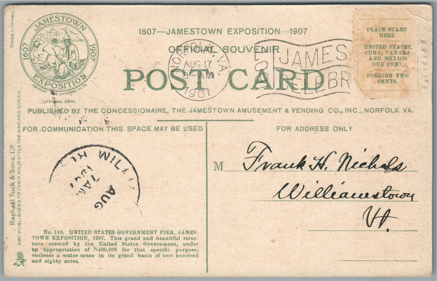 JAMESTOWN EXPOSITION VA UNITED STATES GOVERNMENT PIER ANTIQUE POSTCARD