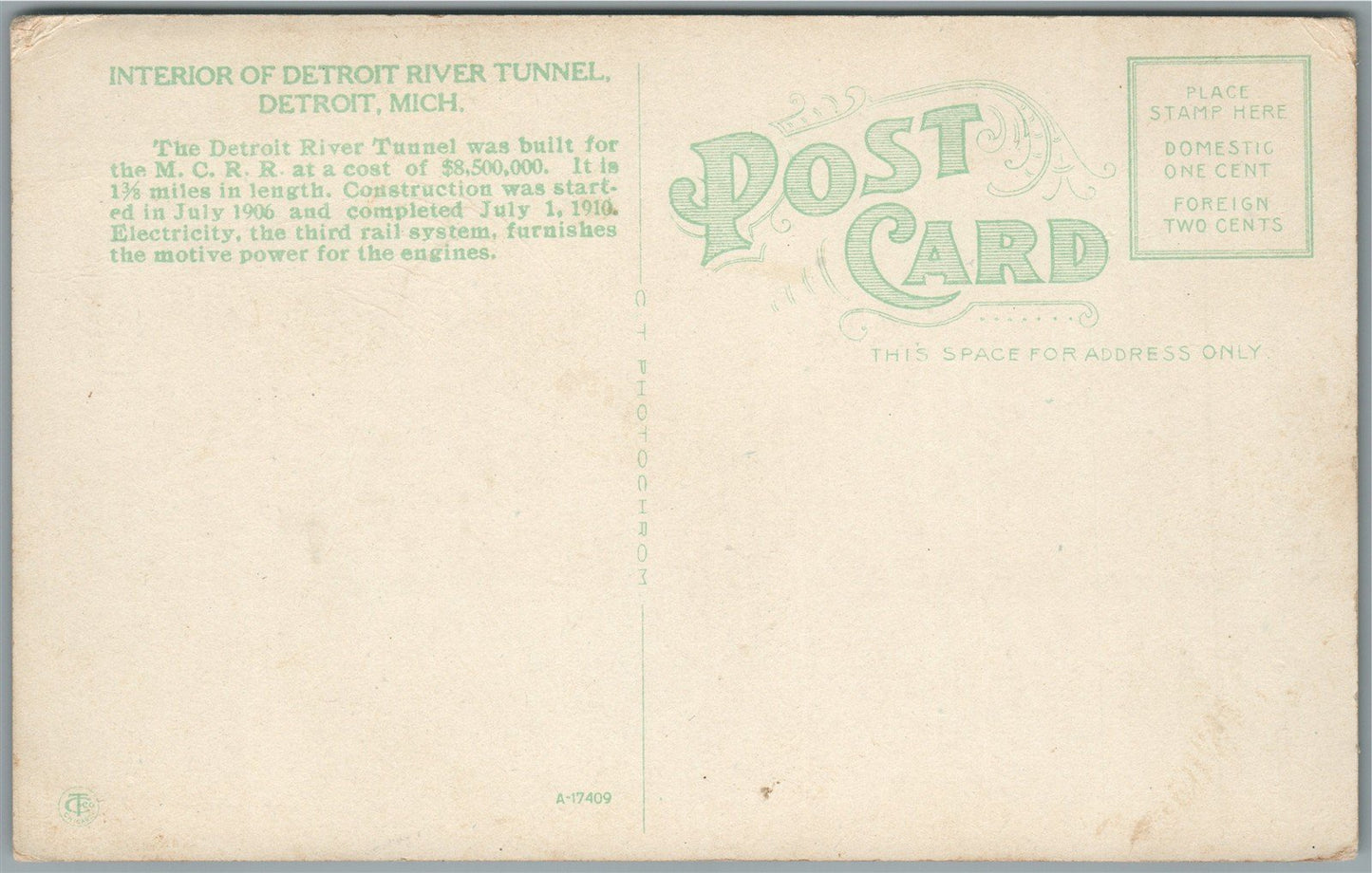 DETROIT MI RIVER TUNNEL ANTIQUE POSTCARD
