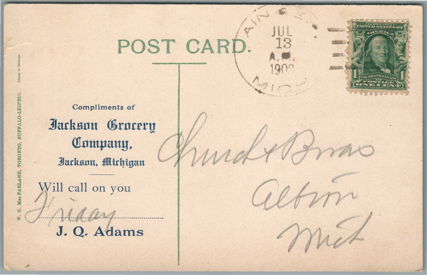 JACKSON MI MAIN STREET ANTIQUE POSTCARD