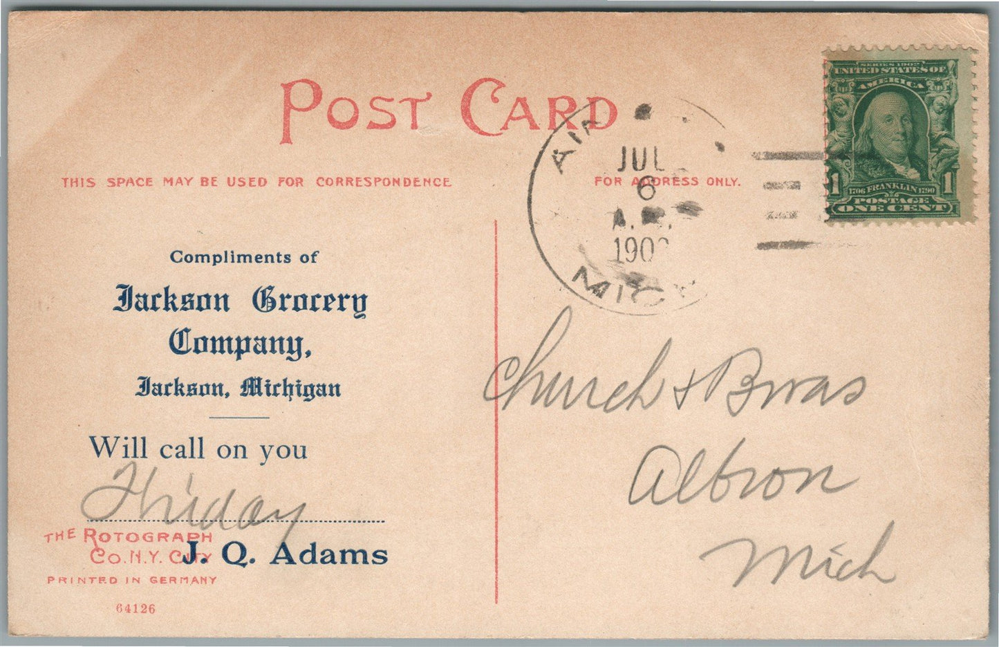 JACKSON MI GROCERY COMPANY ADVERTISING OTSEGO HOTEL ANTIQUE POSTCARD