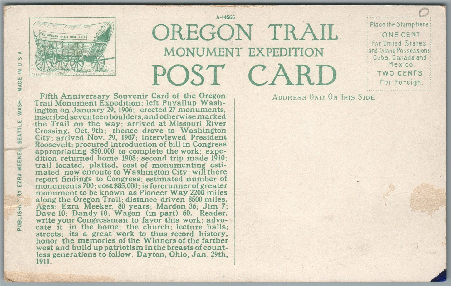 OREGON OR TRAIL MONUMENT EXPEDITION ANTIQUE POSTCARD