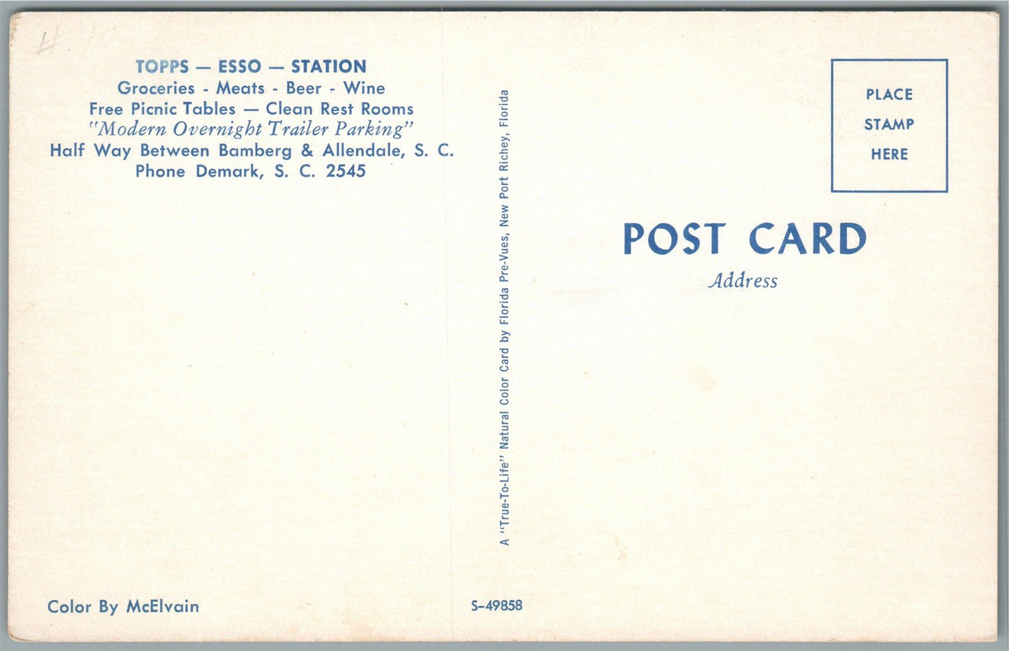 BAMBERG & ALLENDALE SC ESSO GAS STATION VINTAGE POSTCARD