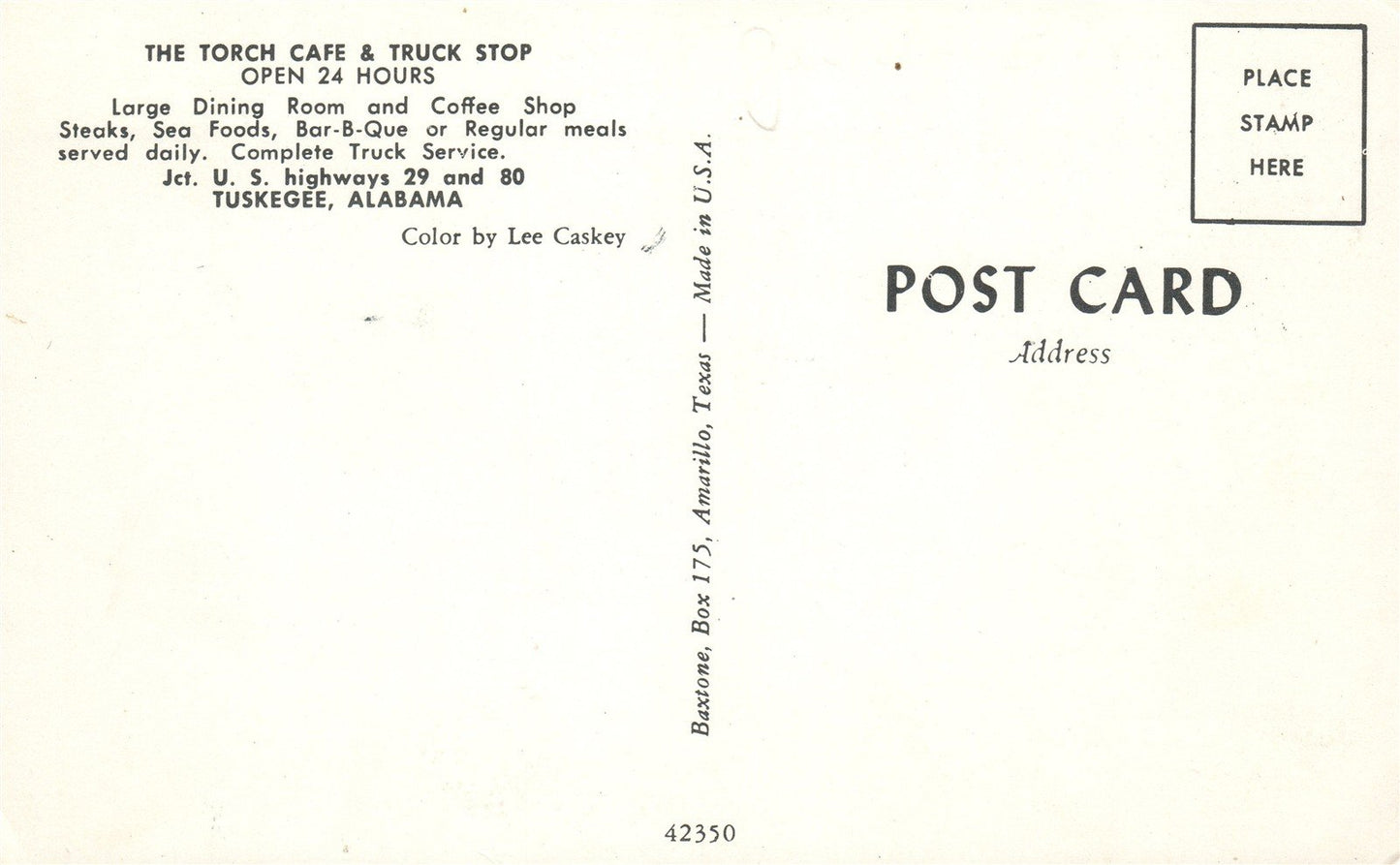TUSKEGEE AL GAS STATION TORCH CAFE & TRUCK STOP VINTAGE POSTCARD