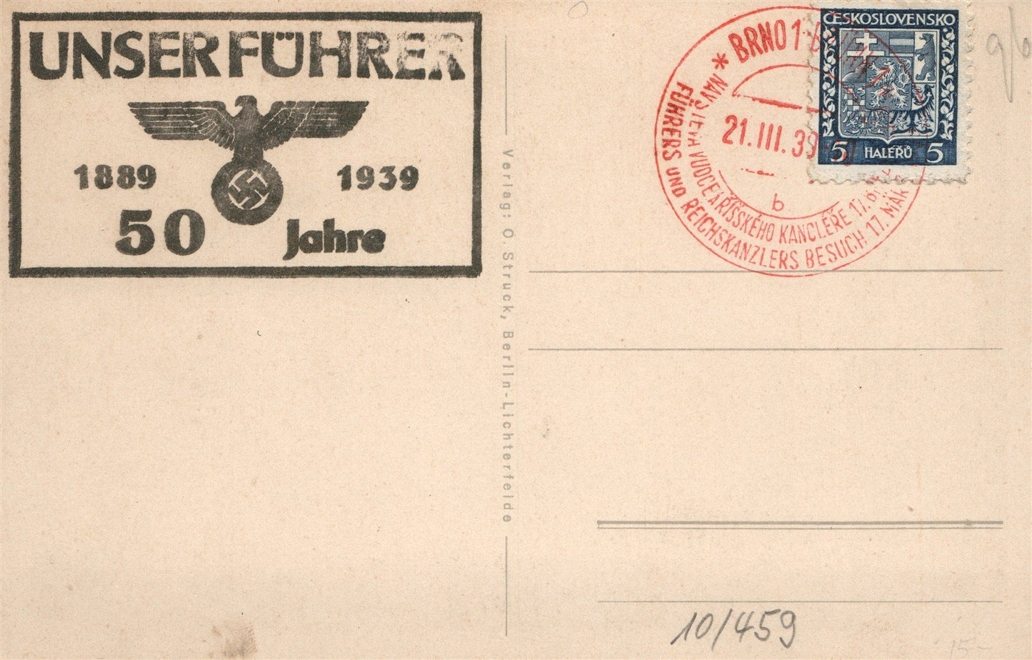 NAZIS PROPAGANDA 1939 VINTAGE POSTCARD w/ HITLER