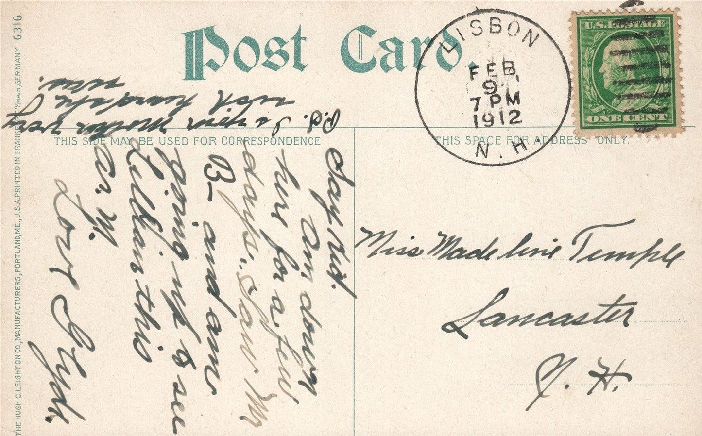LISBON NH PARKER & YOUNG CO. ANTIQUE POSTCARD