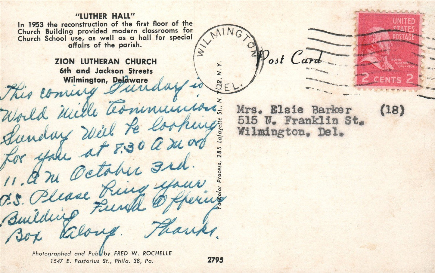 WILMINGTON DE ZION LUTHERAN CHURCH LUTHER HALL VINTAGE POSTCARD