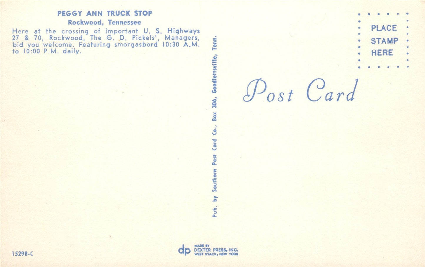 ROCKWOOD TN GAS STATION PEGGY ANN TRUCK STOP VINTAGE POSTCARD