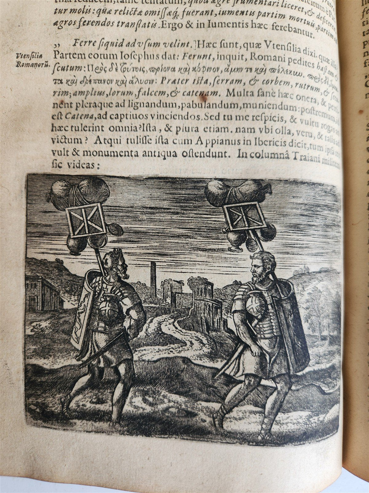 1598 DE MILITIA ROMANA CRUCE LIPSIUS antique ILLUSTRATED WARFARE Plantin vellum