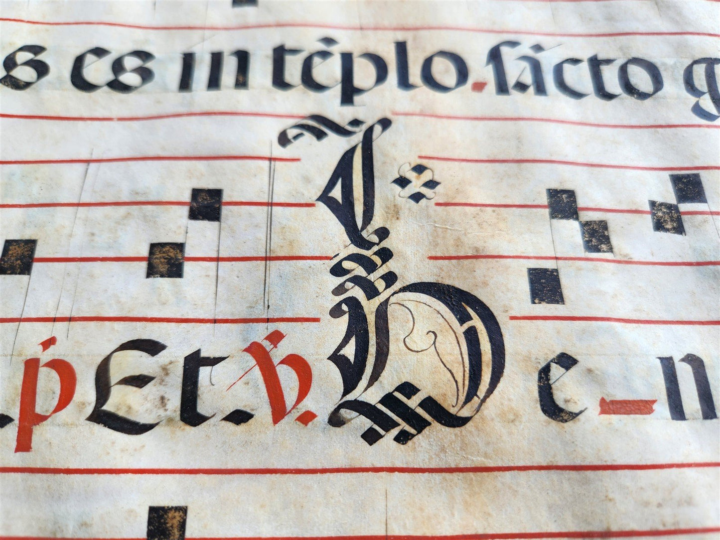 17th century ANTIPHONAL MUSIC CHART VELLUM MANUSCRIPT antique LITURGICAL TEXT